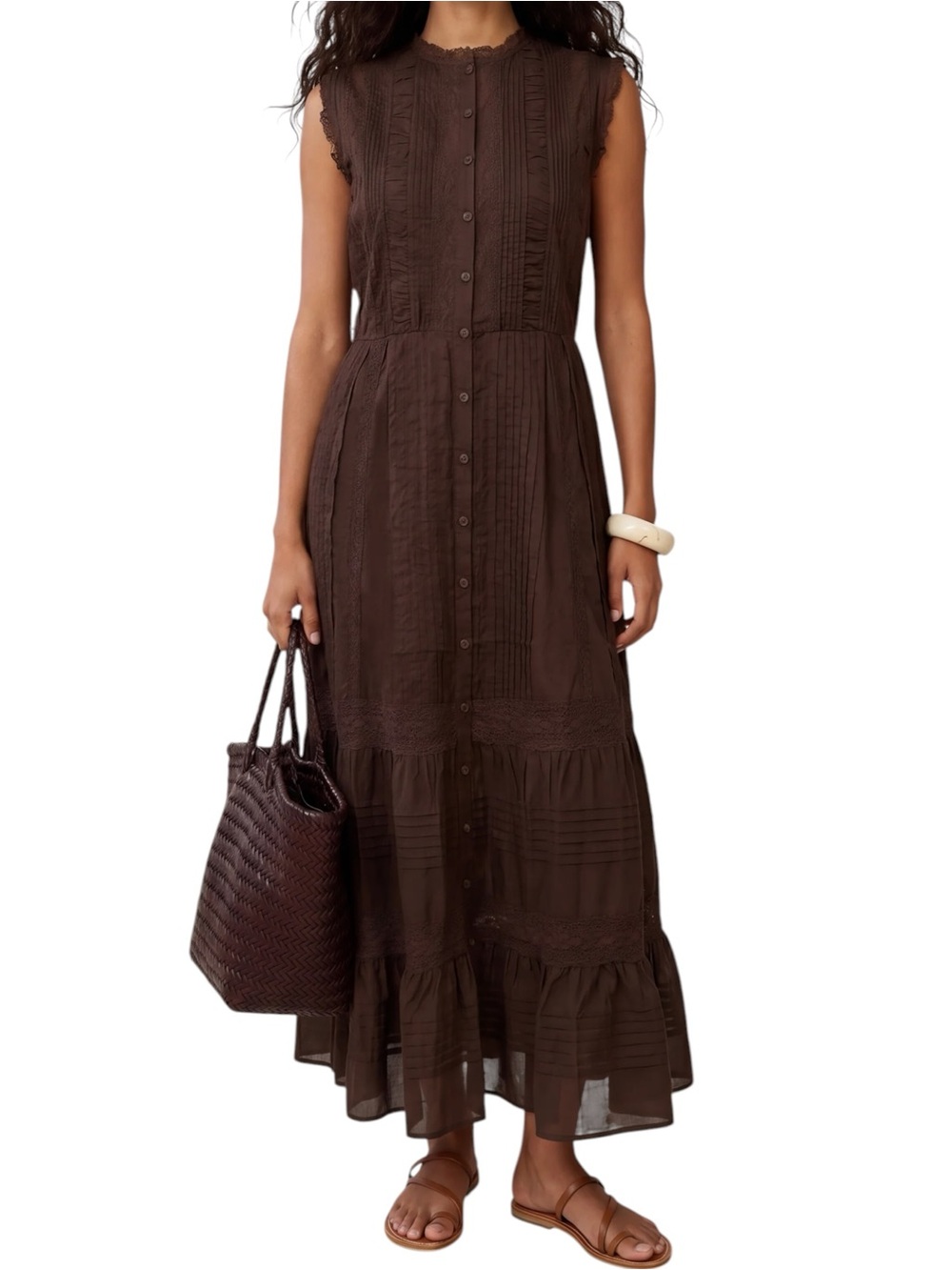 Sorella Primrose Cotton Dress Coffee Brown Button-Front Maxi Vintage Inspired